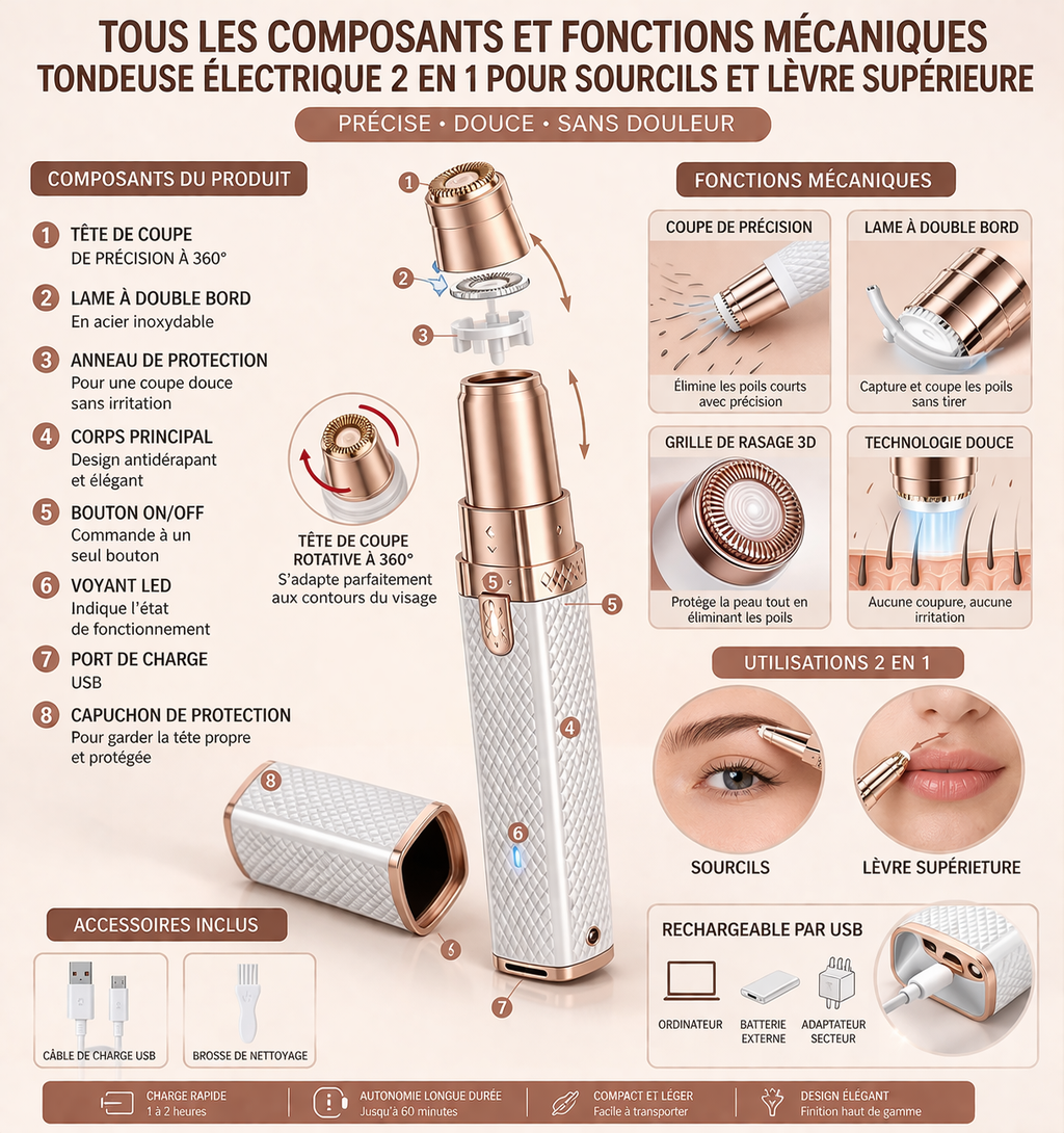 Tondeuse Électrique 2 en 1 Sourcils et Lèvre Supérieure Sans Douleur