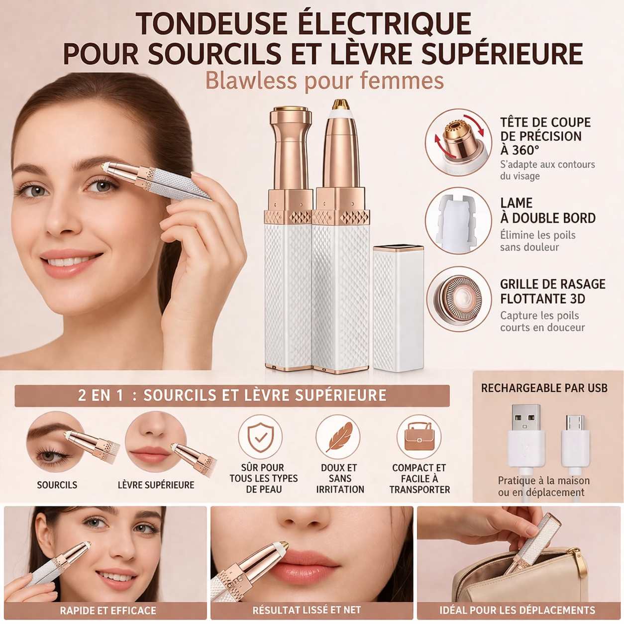 Tondeuse Électrique 2 en 1 Sourcils et Lèvre Supérieure Sans Douleur